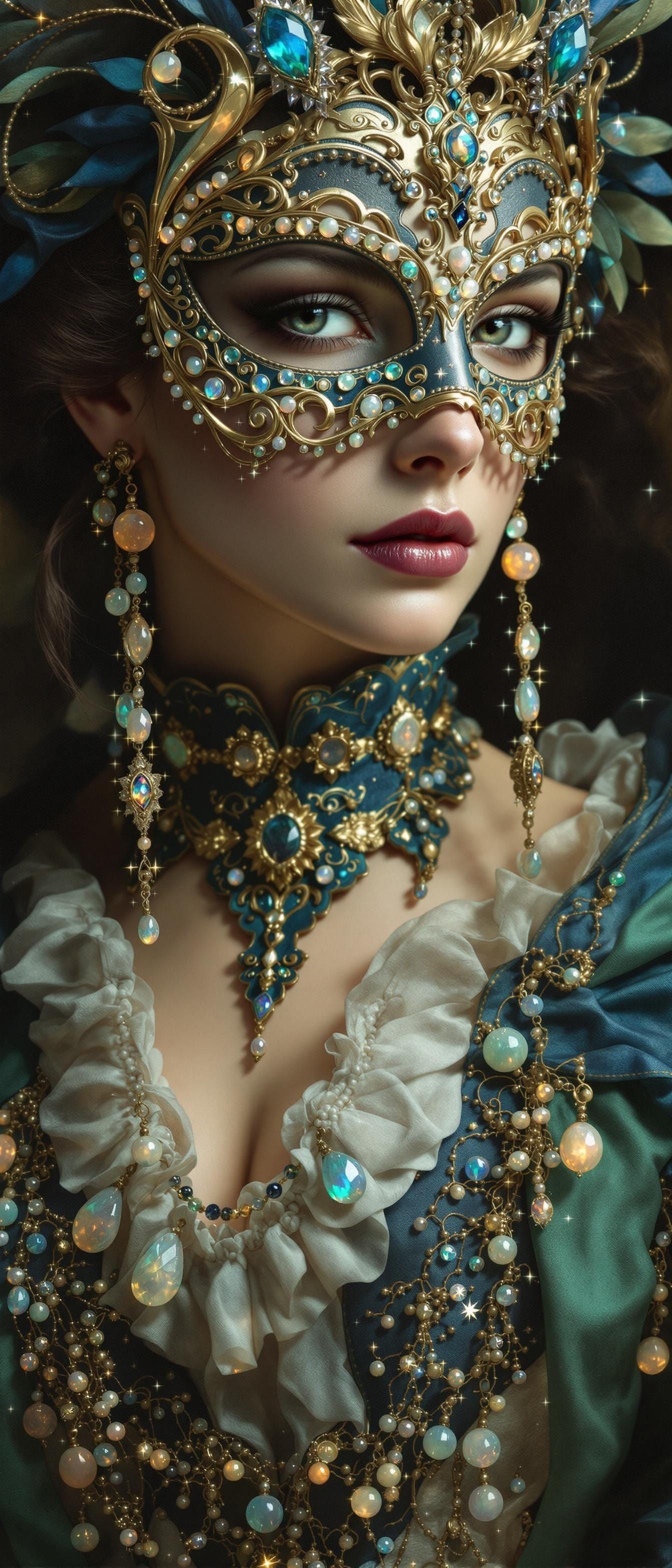 Elegant Victorian Lady in Opal Adorned Mask, Intricate Textu...