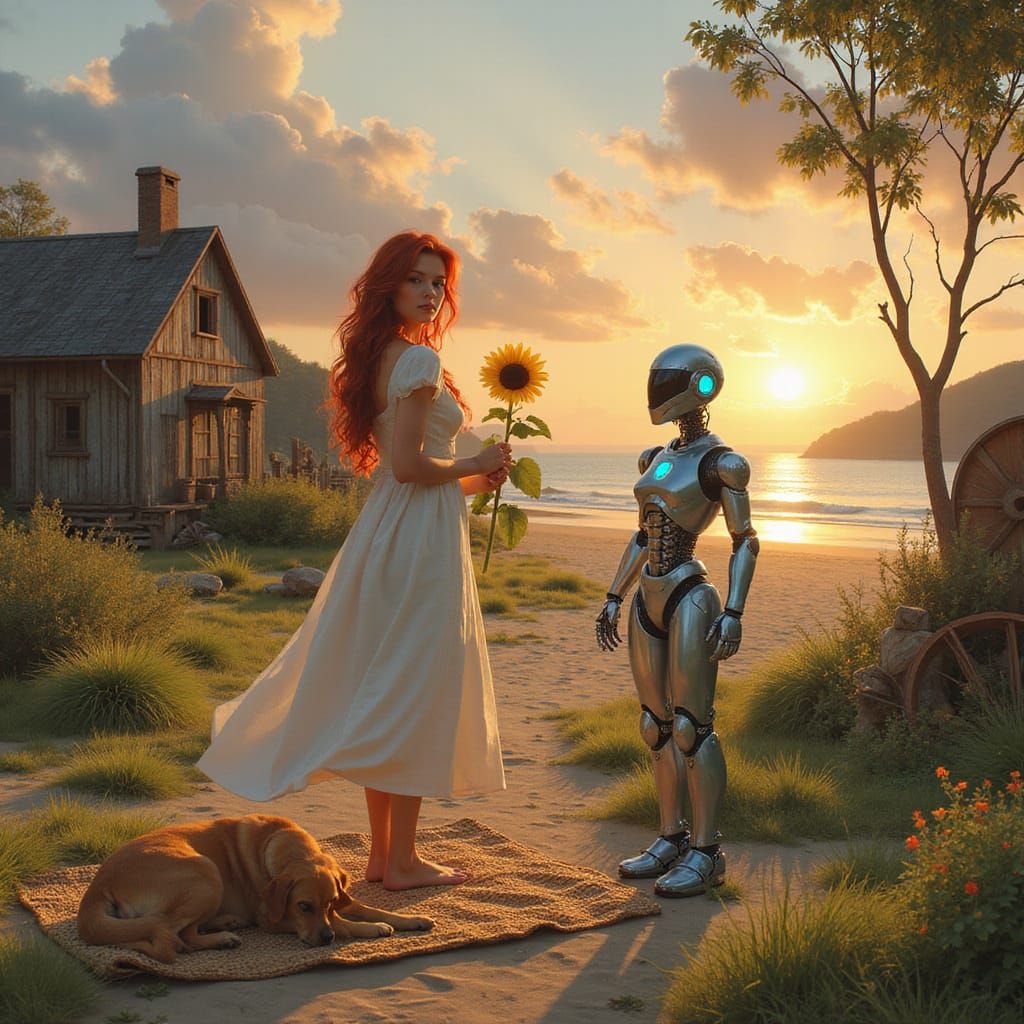 Dreamy World with Woman, Robot, and Dog by Beach