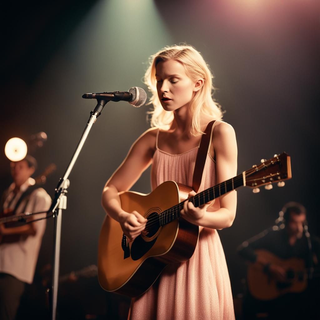 Blonde Woman Performing Live Acoustic Guitar on Stage