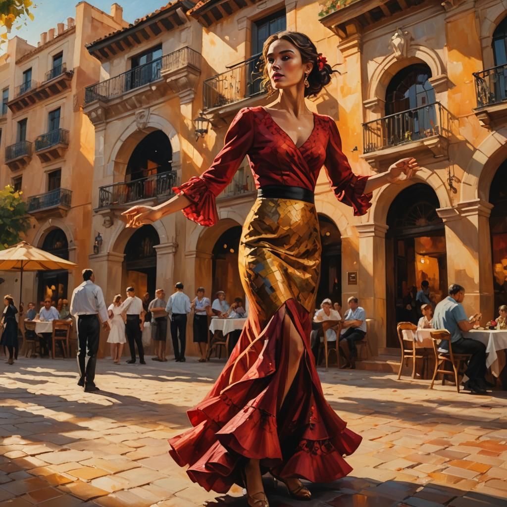 Flamenco Dancer in Spanish Plaza: Oil Painting