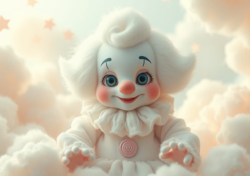 Dreamlike Clown in Ethereal Pastel Cloudscape