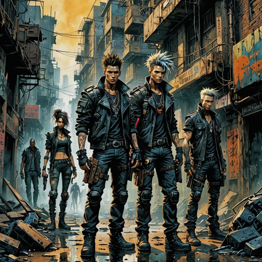 Cyberpunk Gang in Slums as Watercolor