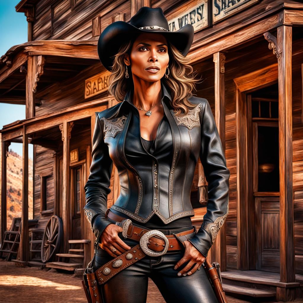 Cowgirl in Black Leather Outside Old West Saloon