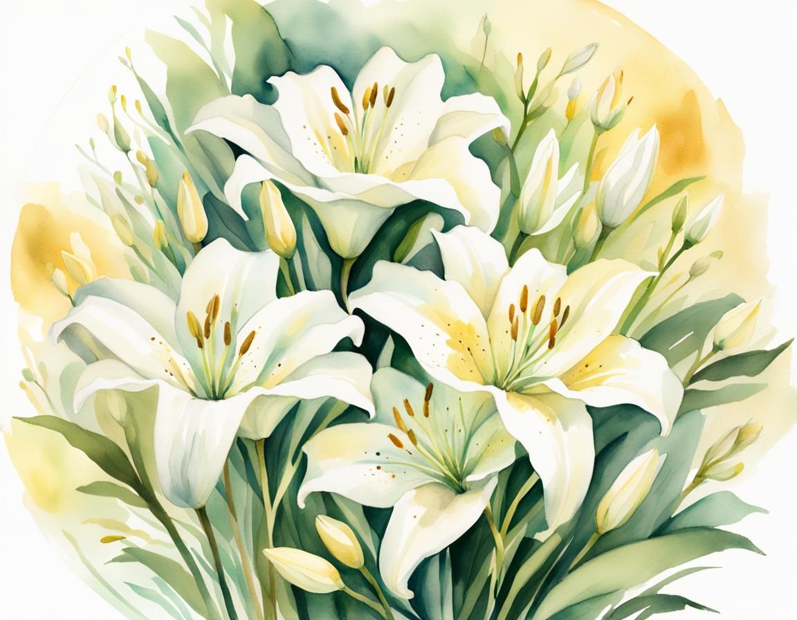 Lilies Blooming in Watercolor Circle, Impressionist Style
