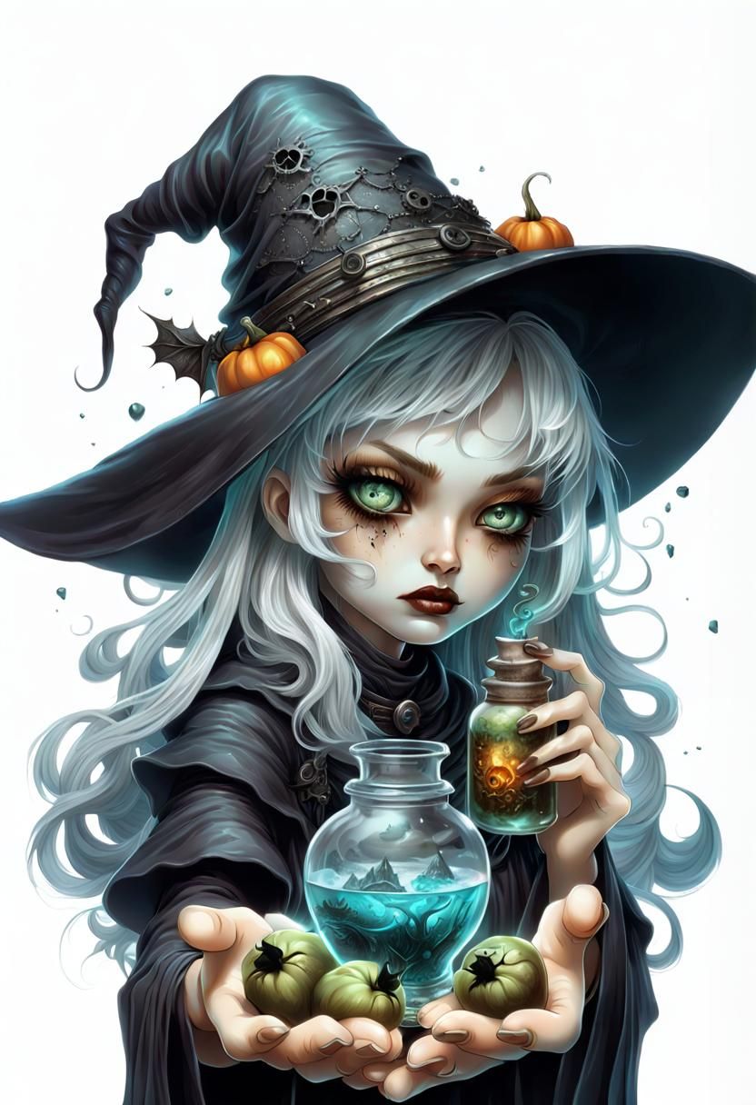 Sulky Witch Girl Offering Potion in Fantasy Art Style
