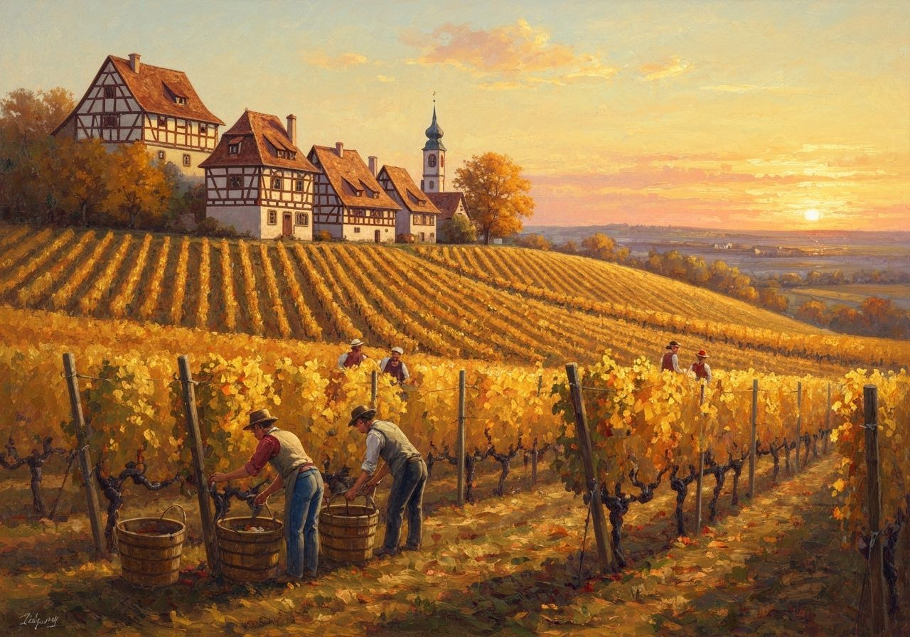Oil Painting of French Alsace Wine Harvest at Sunset