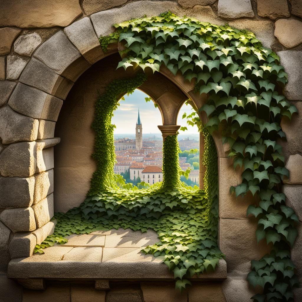 Cityscape View Through Arched Stone Window