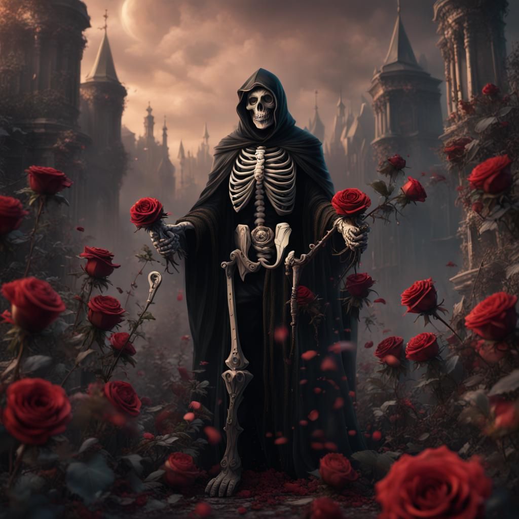 death holding roses in his hand