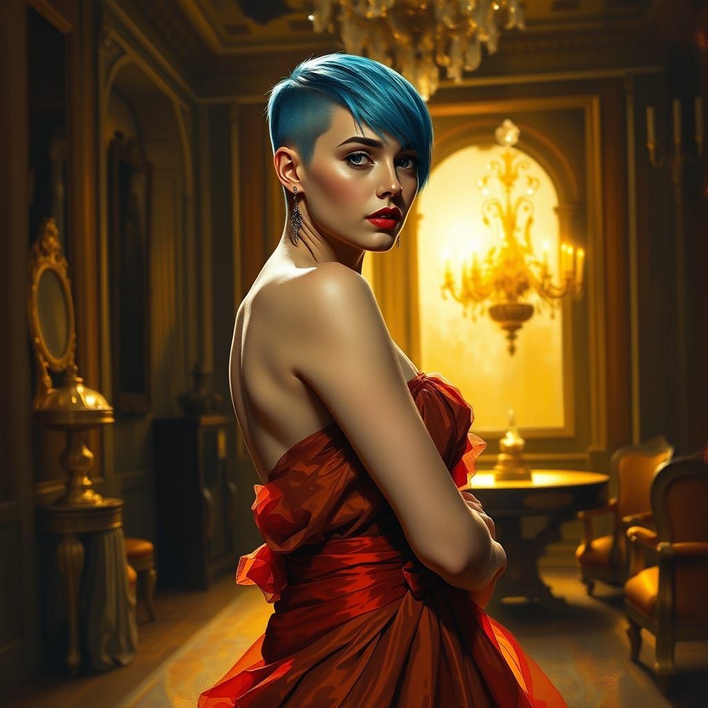 Woman with Blue Hair in Baroque Ballroom, Dramatic Lighting