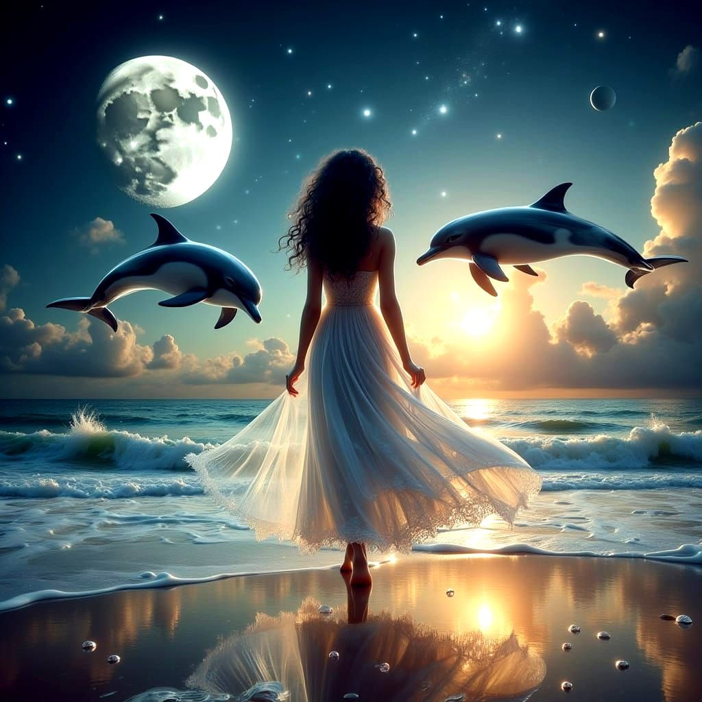 Ethereal Goddess Strolls Along Tropical Beach Under Moonlit ...