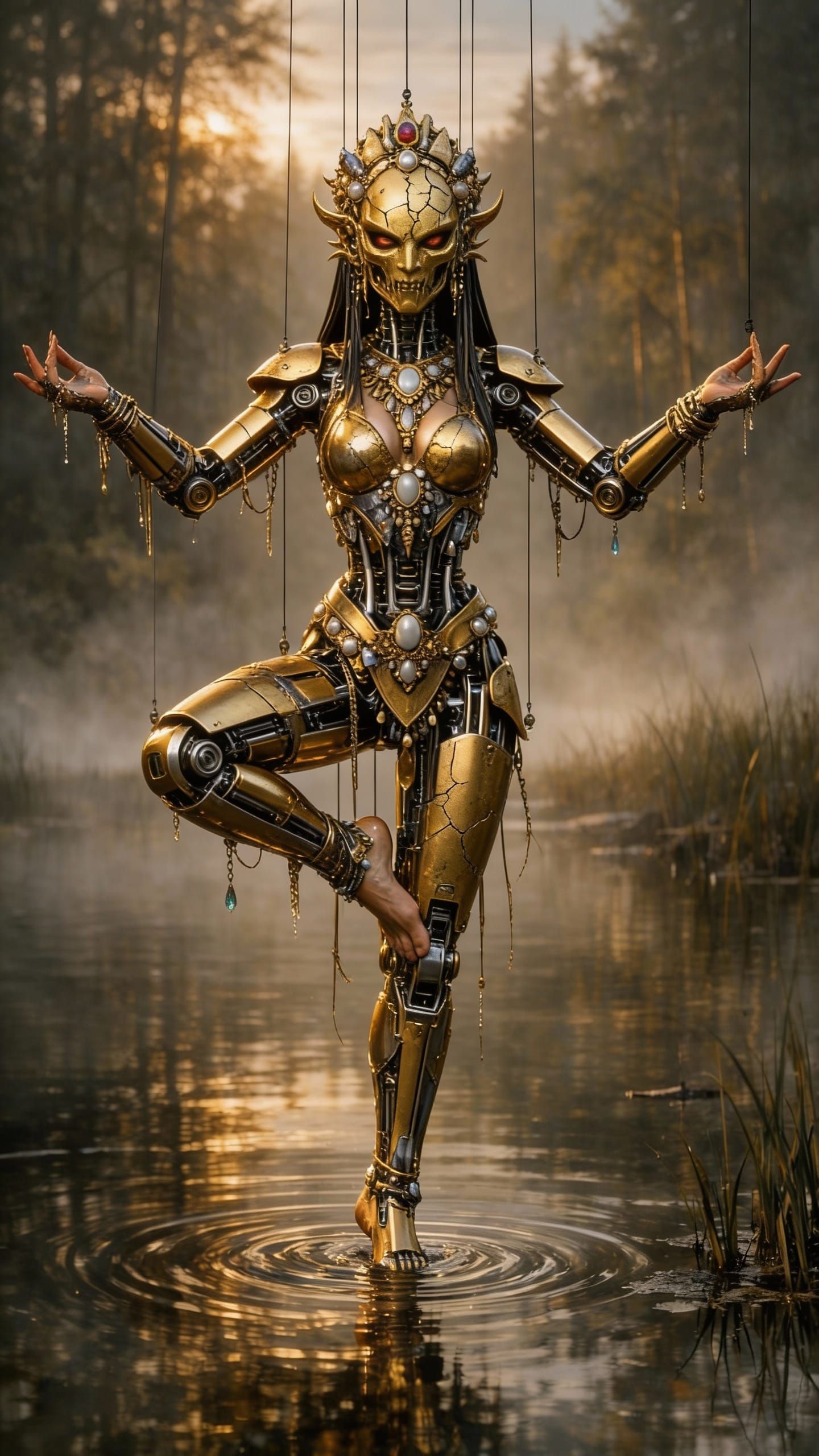 Golden Mechanical Marionette Demoness with Kitsugi Face