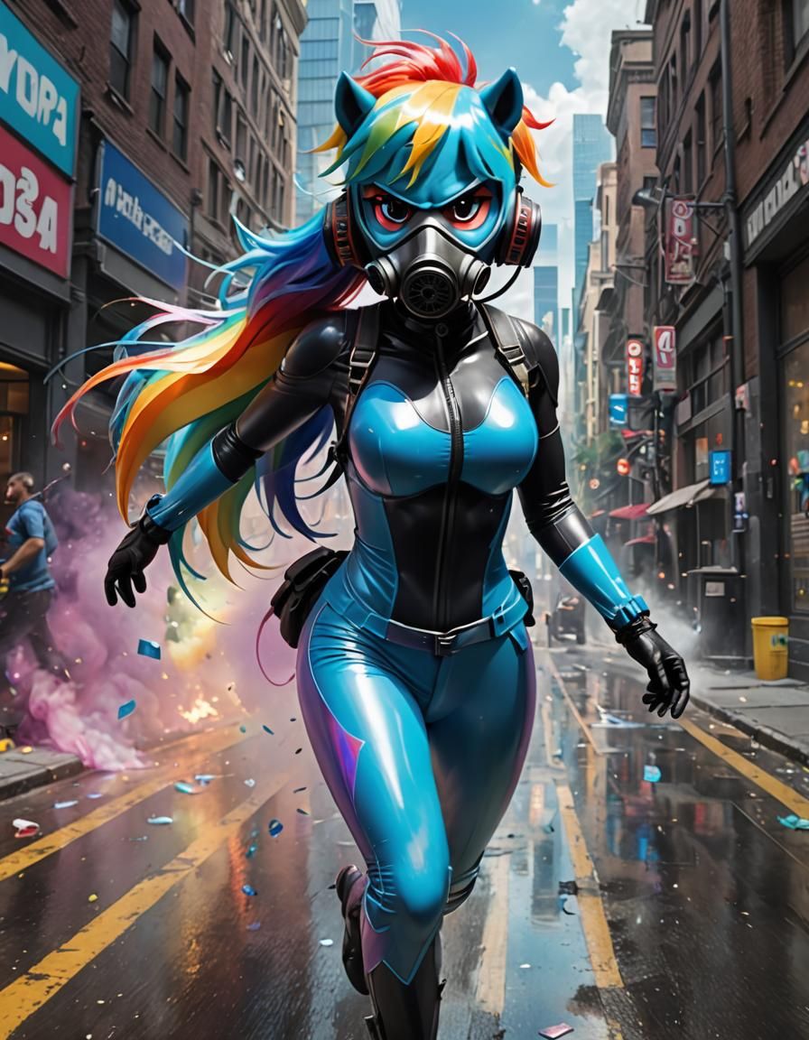 Rainbow Dash Humanoid Runs in Gasmask, Latex Catsuit