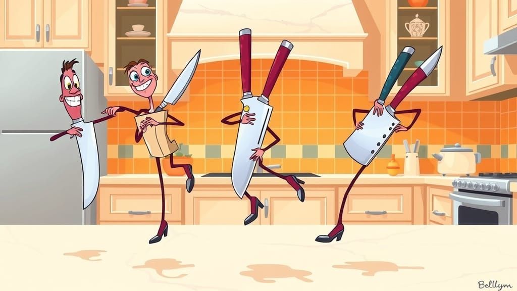 Cartoon Kitchen Knives Dance in a Sunny Kitchen