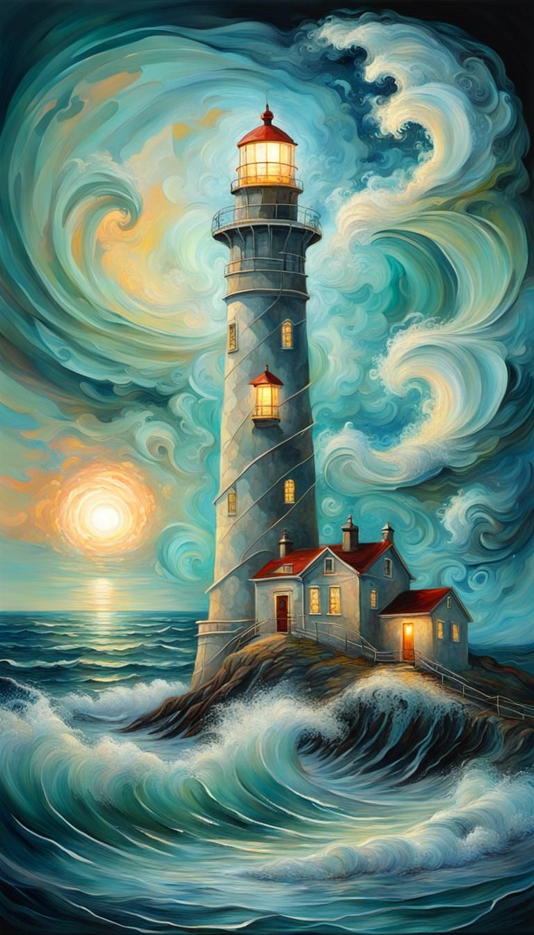 Surreal Impressionist Lighthouse Seascape with Waves
