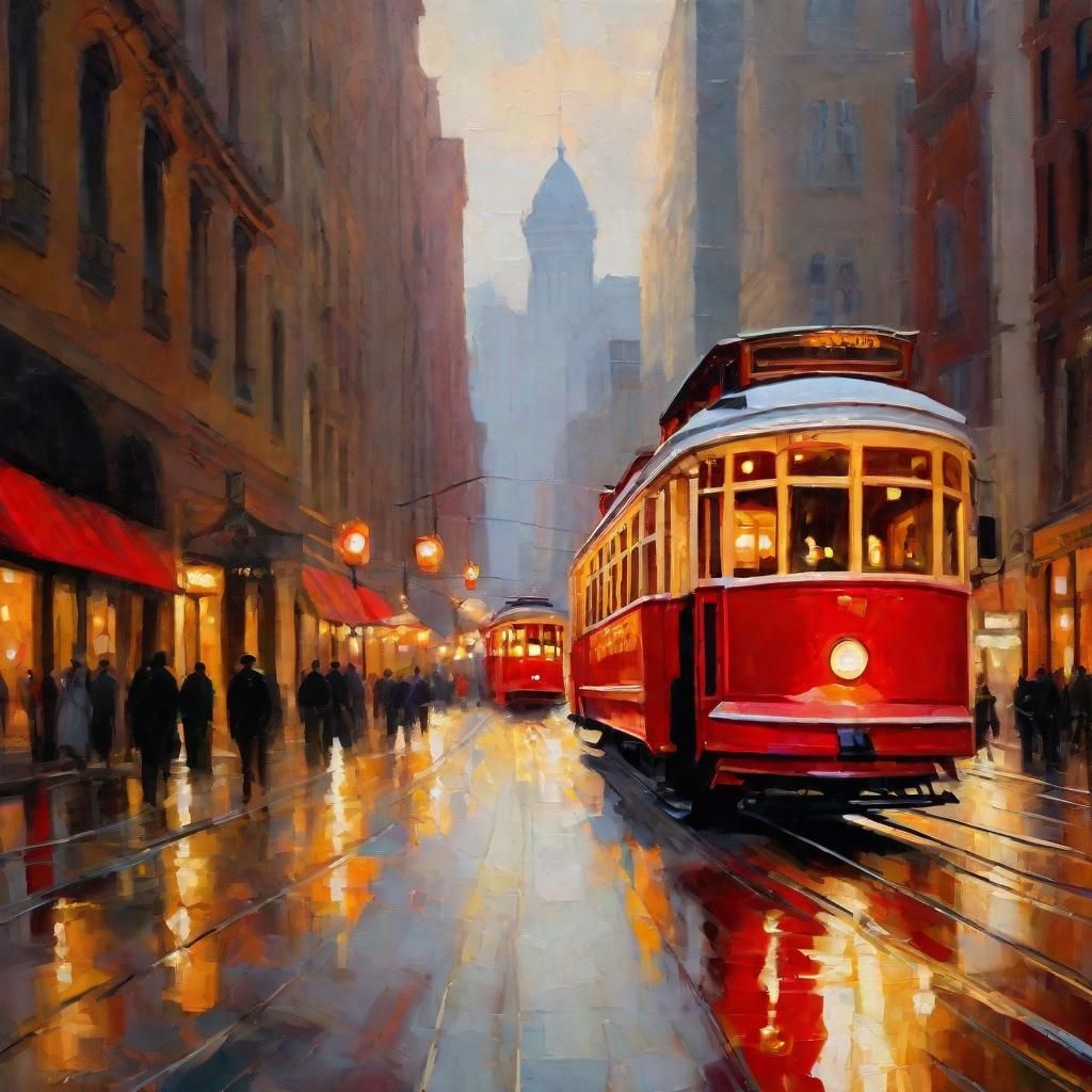 Vintage Streetcar in European City, Expressionist Oil Painti...