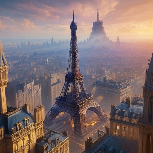 Eiffel Tower Fantasy Concept Art in Golden Hour