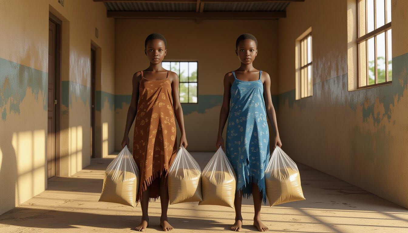 African Twin Sisters in Orphanage, Hyperrealistic Animation
