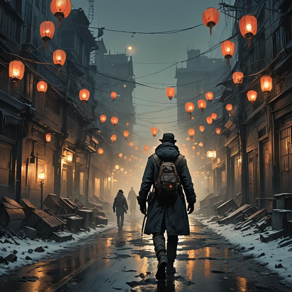 Post-Apocalyptic Wanderer Amidst Lanterns