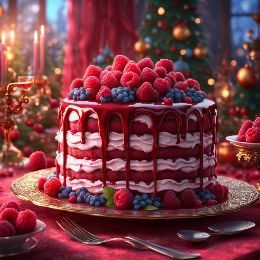 Generously Decorated Raspberry Cake: Fantasy Concept Art