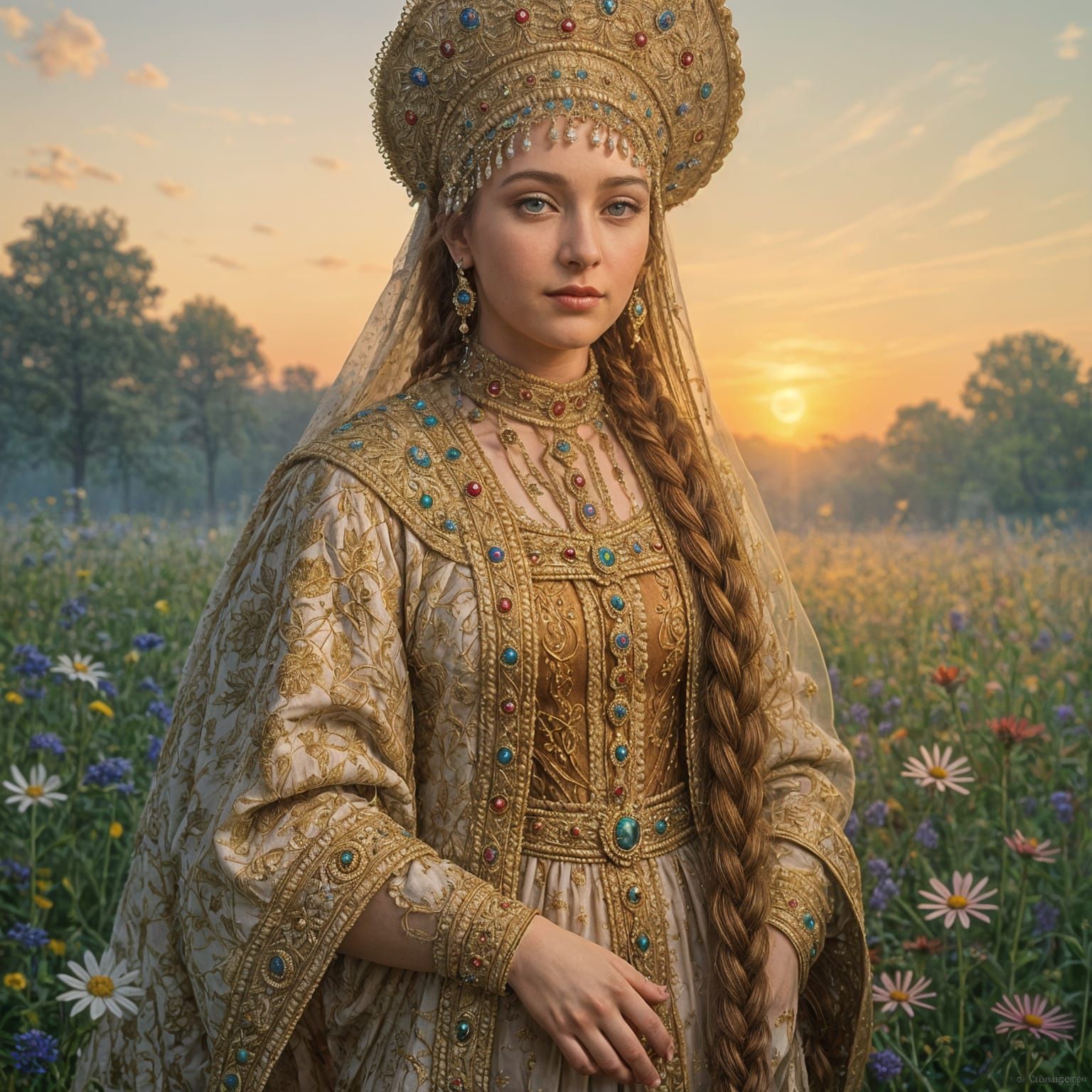 Tsarina in Wildflower Field at Sunrise, in Renaissance Style