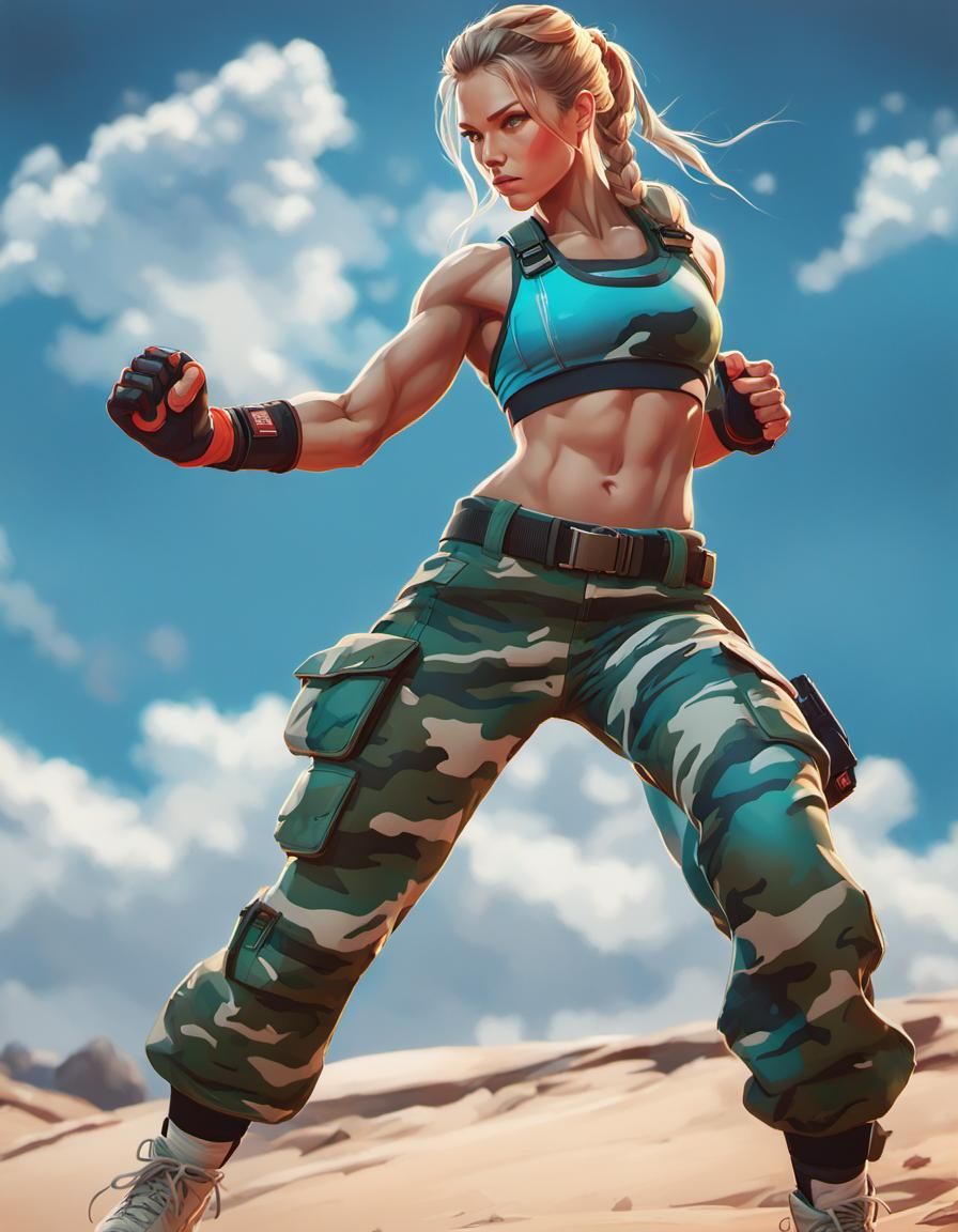 Cammy White, camo pants , fight pose