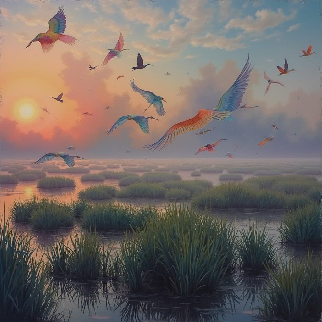 Ethereal Wetlands at Sunset in Gustav Klimt-Inspired Style