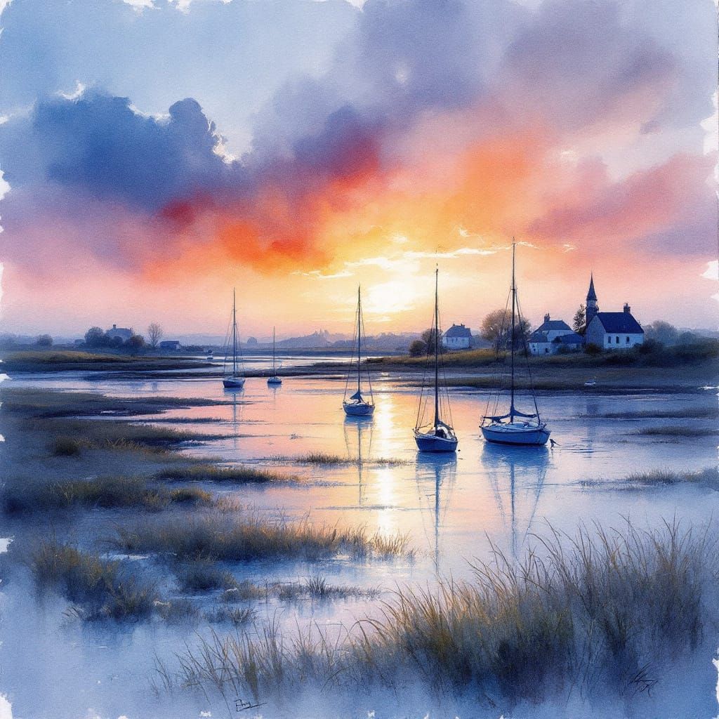 Estuary Sunset Watercolor Painting in Impressionist Style