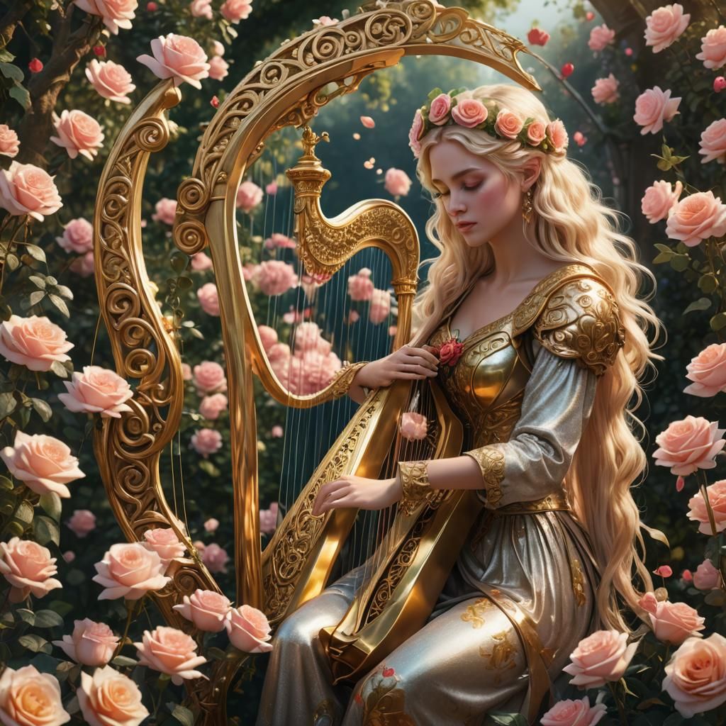 Goddess with Harp in Rose Garden: Detailed Digital Art