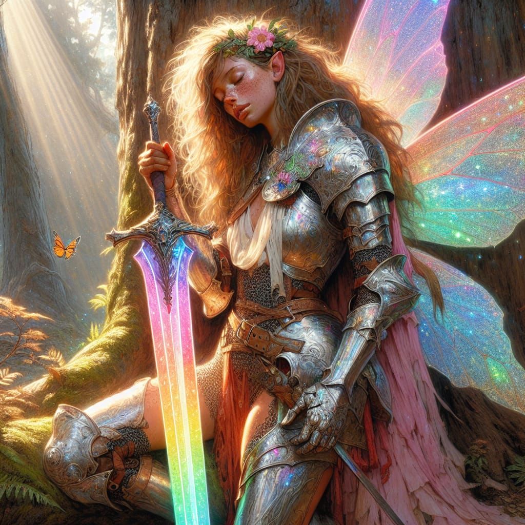 Fantasy Fairy Paladin with Rainbow Great Sword