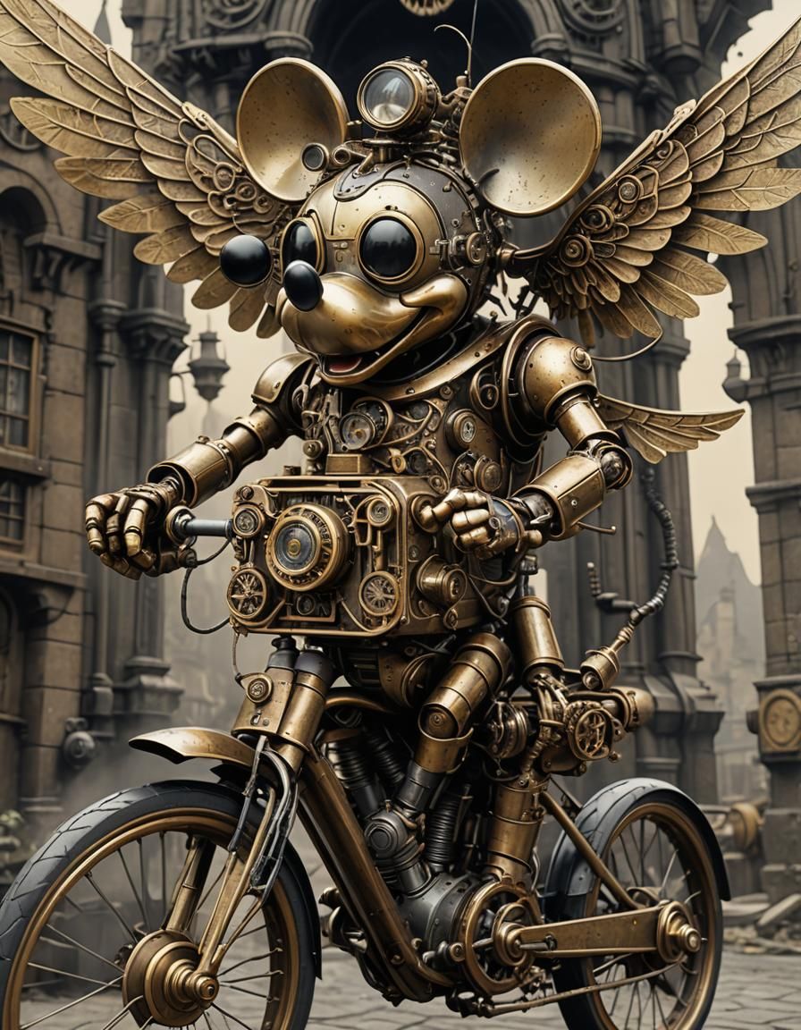 Steampunk Robot Mickey on Gothic Bicycle