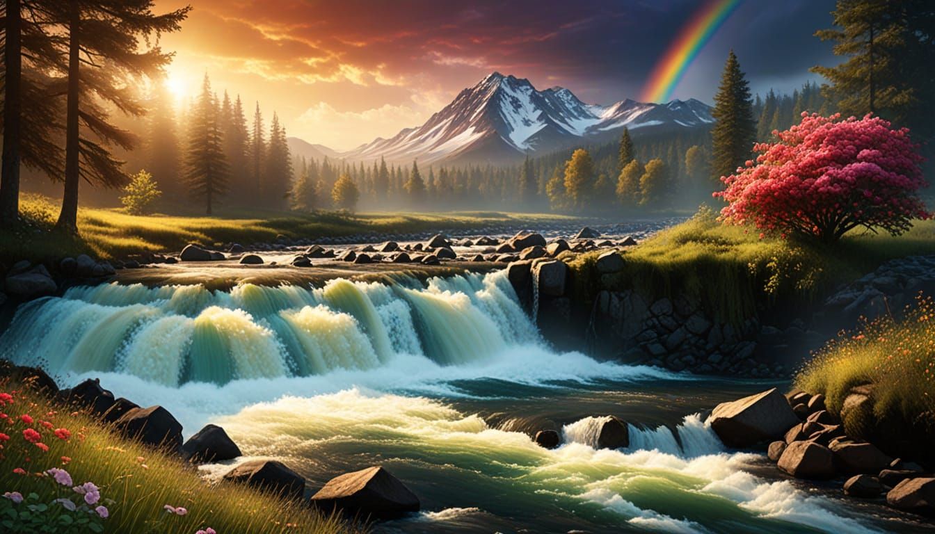 Radiant Roses and Rushing River with Rainbow