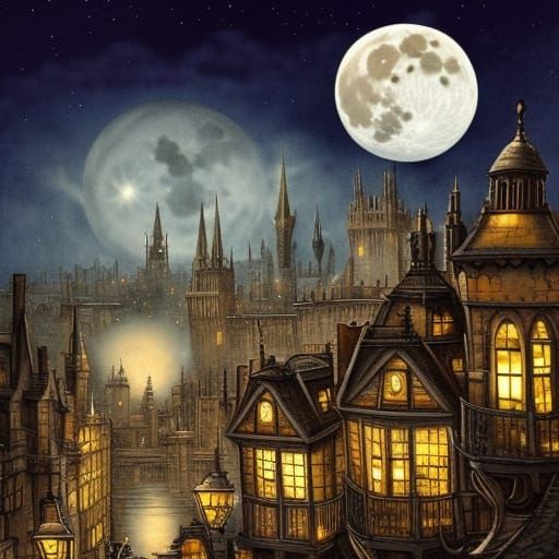 Cat and Mouse on Rooftop in Steampunk Cityscape