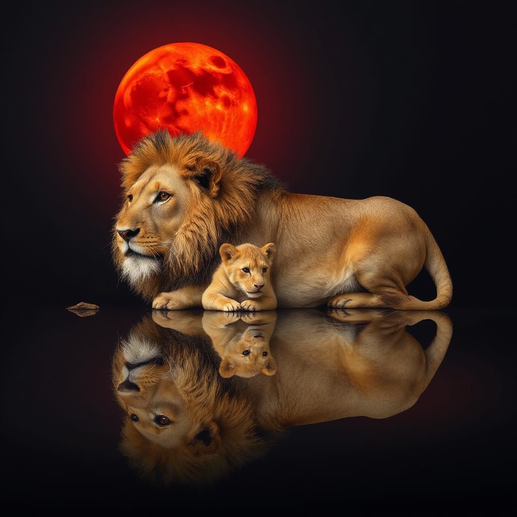 Lion and Cub Reflecting Blood Moon