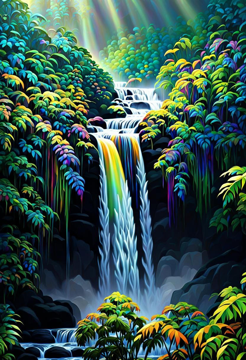 Psychedelic Rainforest River Falls with Glass Effect