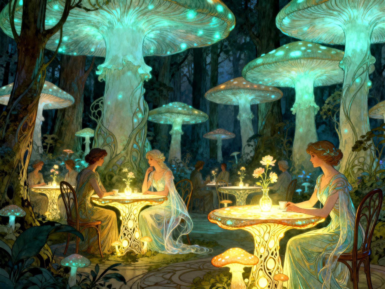 Enchanted Mushroom Forest Café in Art Nouveau Style
