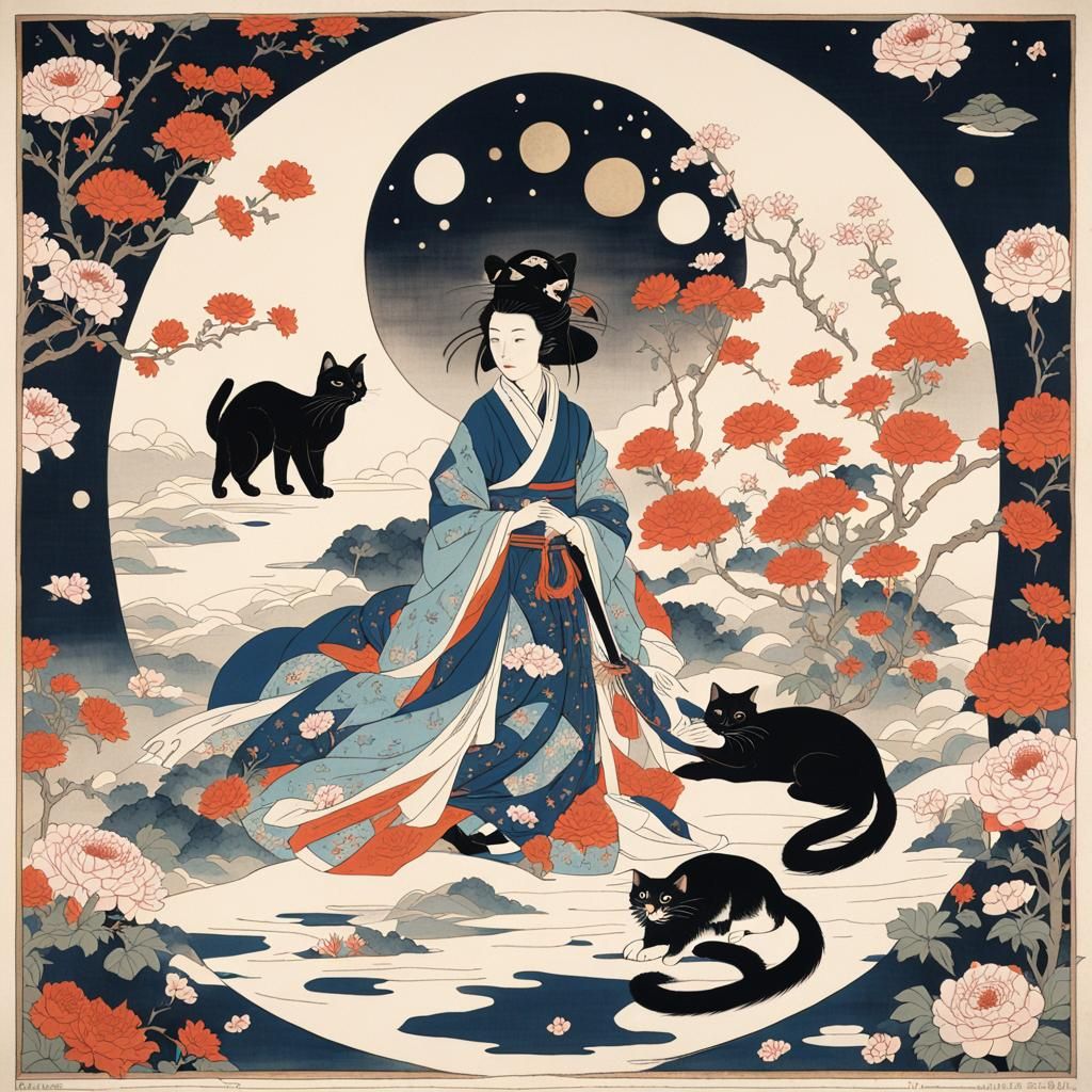 Ukiyo-e Cat and Spider with Cosmic Secrets