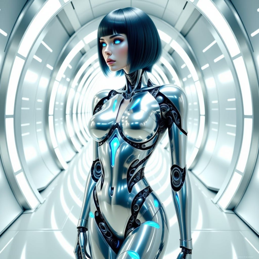 Sleek Futuristic Robot Goddess in Chrome and Blue