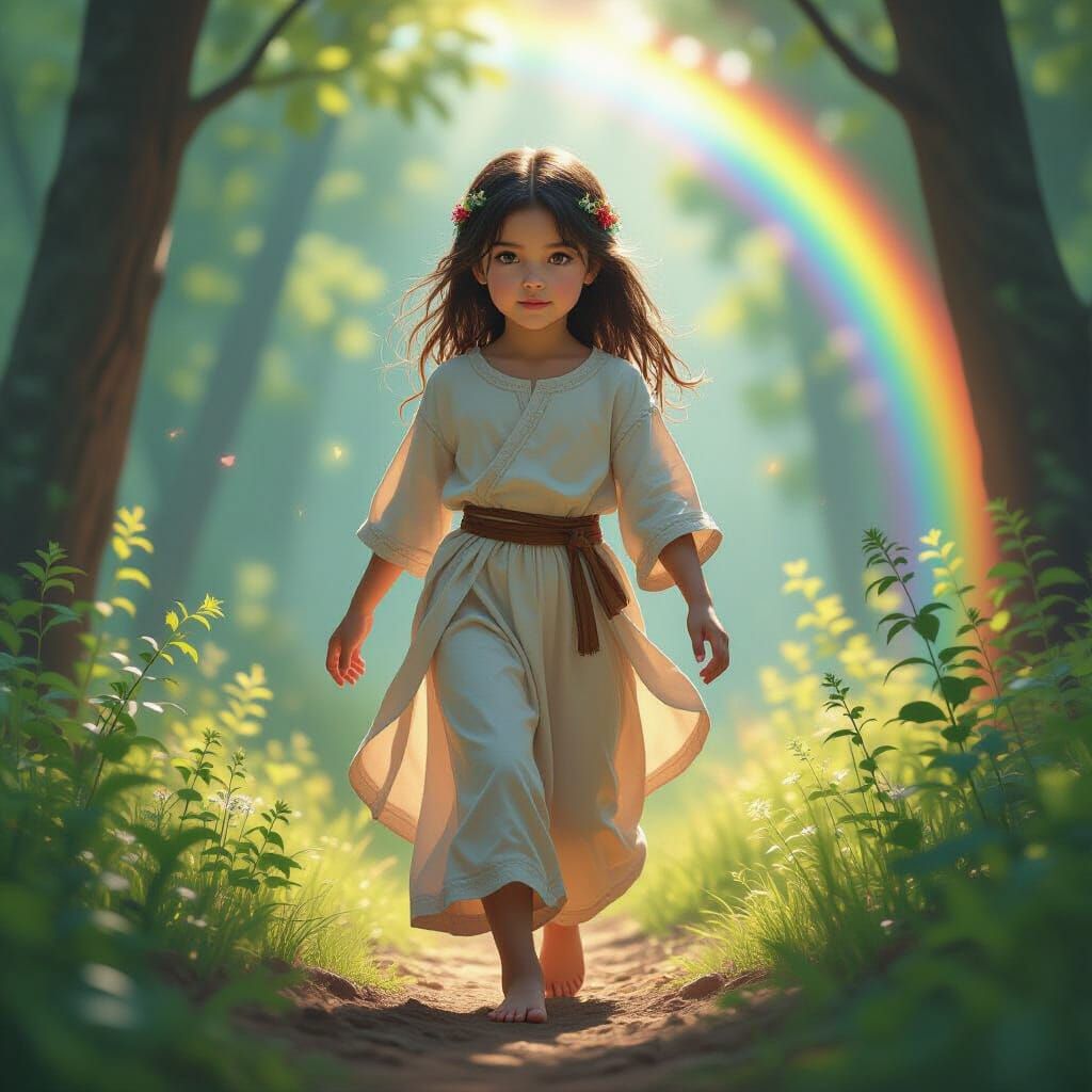 Luminescent Girl Gathering Herbs in Rainbow Forest