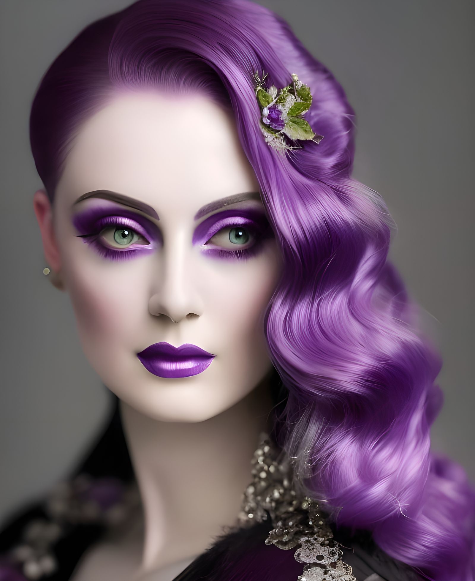 Violet-Haired Goddess Portrait in Art Nouveau Style