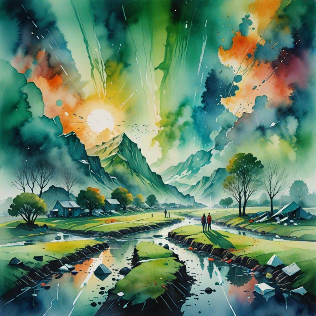 Surreal Divided Earth: Impressionistic Watercolor Landscape