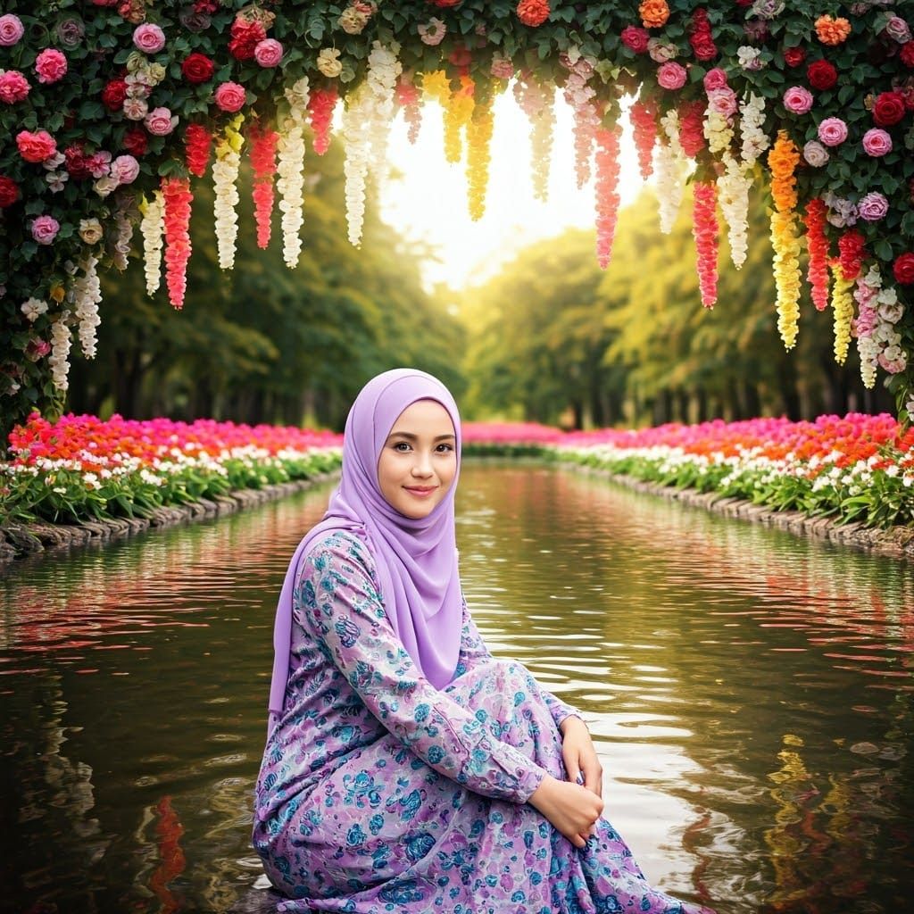 Woman in Lavender Hijab by a Floral Pond