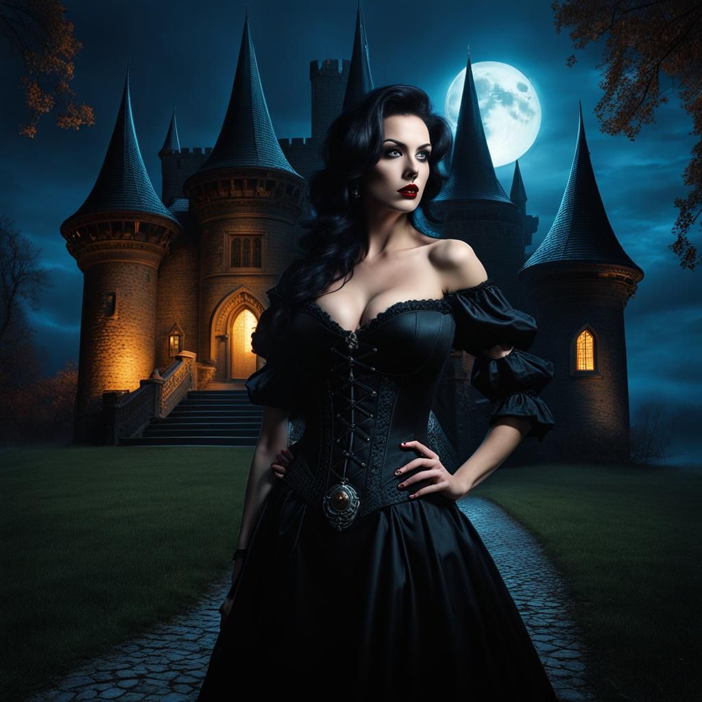 Gothic Woman in Moonlight, Sinister Castle Backdrop