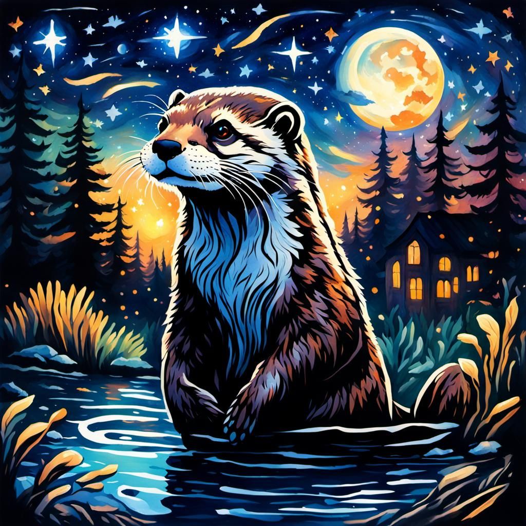 High Gothic Otter Under Starry Night in Watercolor