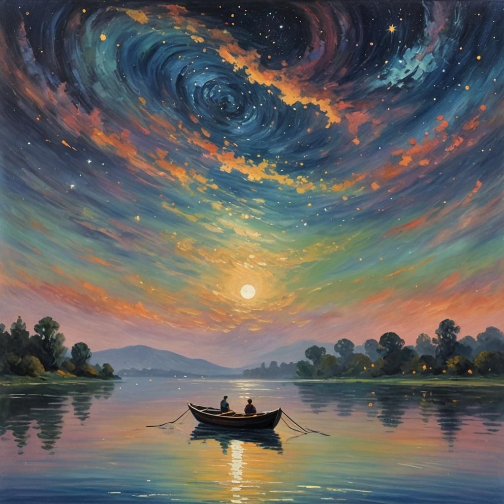Impressionist Starry Night Lake Painting