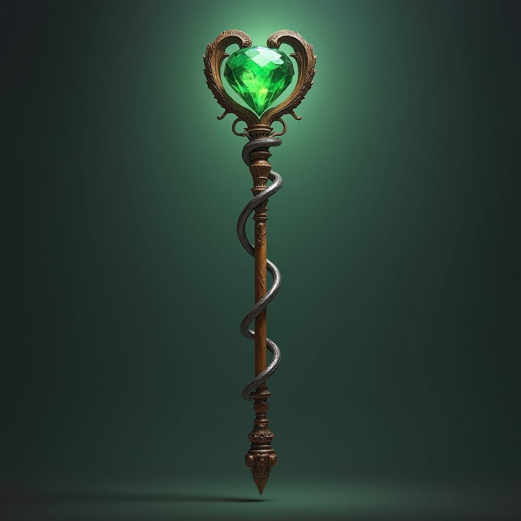 Emerald Topped Staff with Metal Helix in Fantasy Art