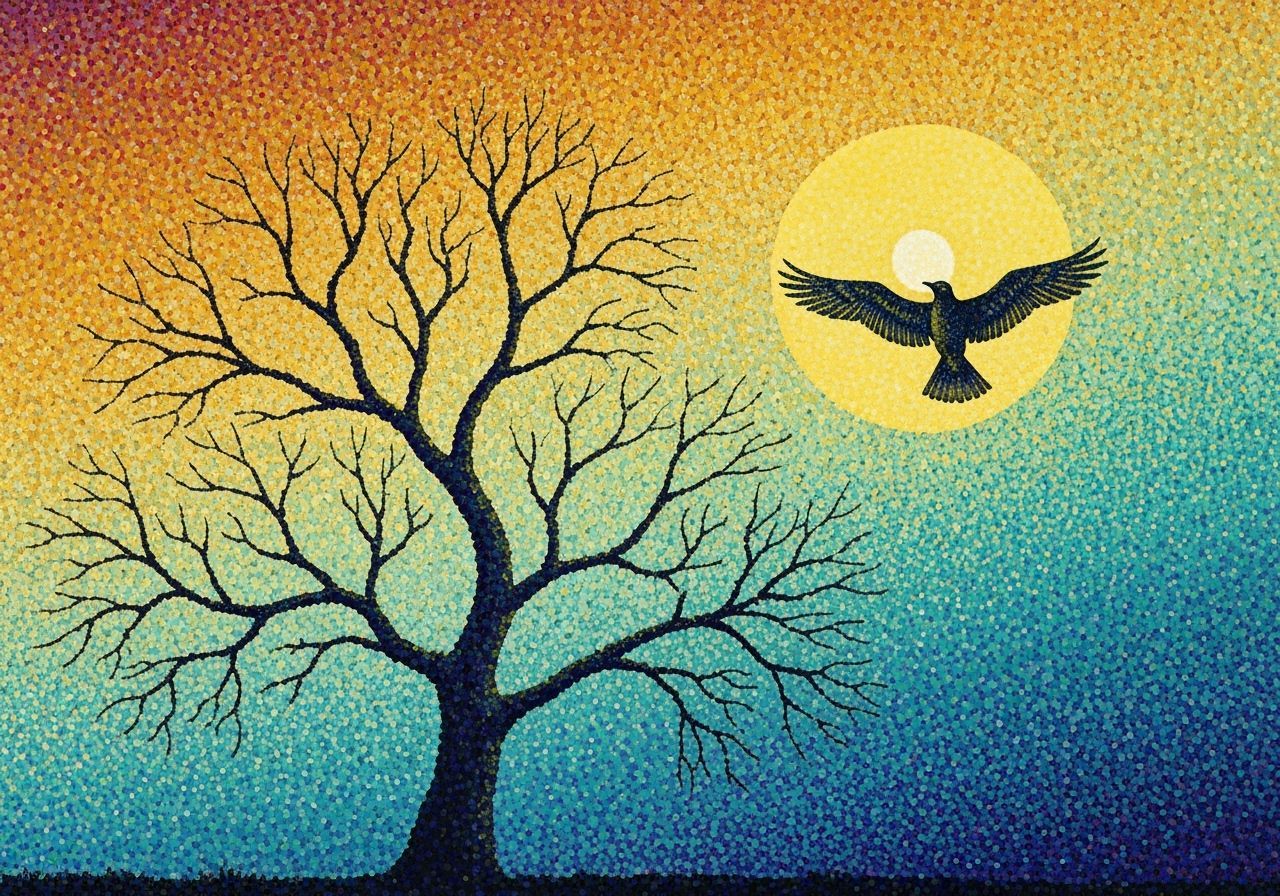 Pointillist Tree Silhouetted Against Vibrant Sky