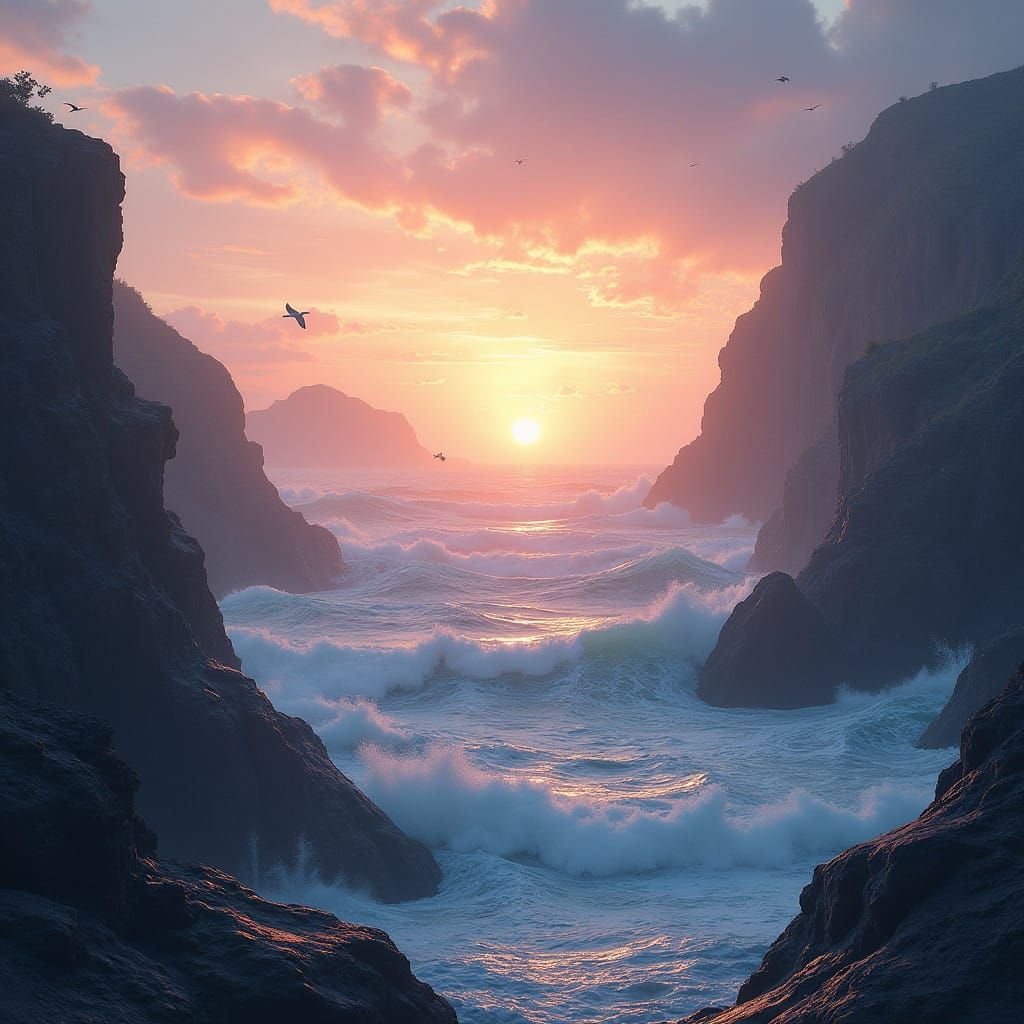 Surreal Coastal Dawn in Soft Pastel Hues