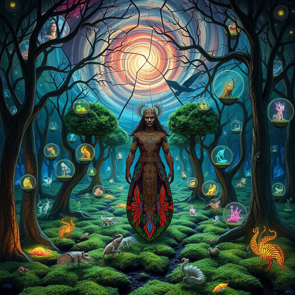 Surreal Shaman in a Labyrinth of Glowing Ecosystems