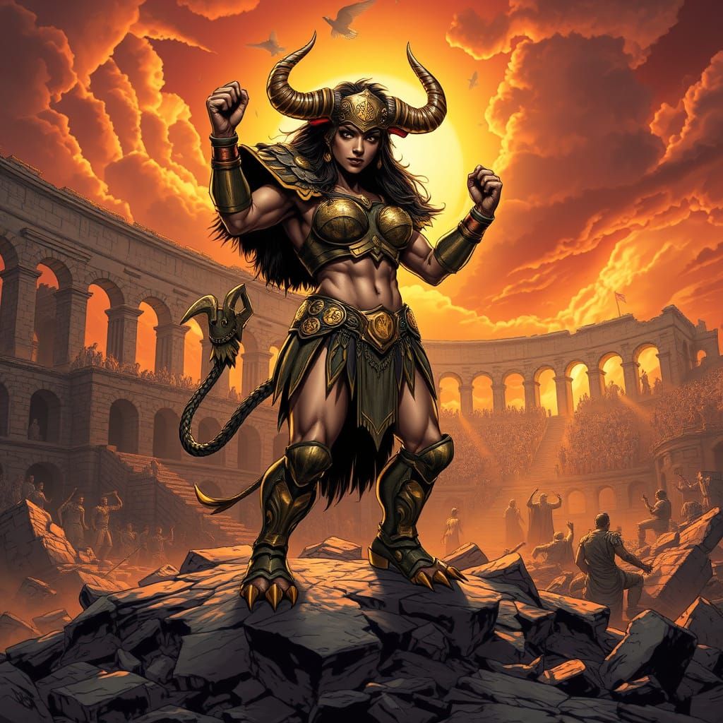 Triumphant Female Minotaur Conquers the Arena