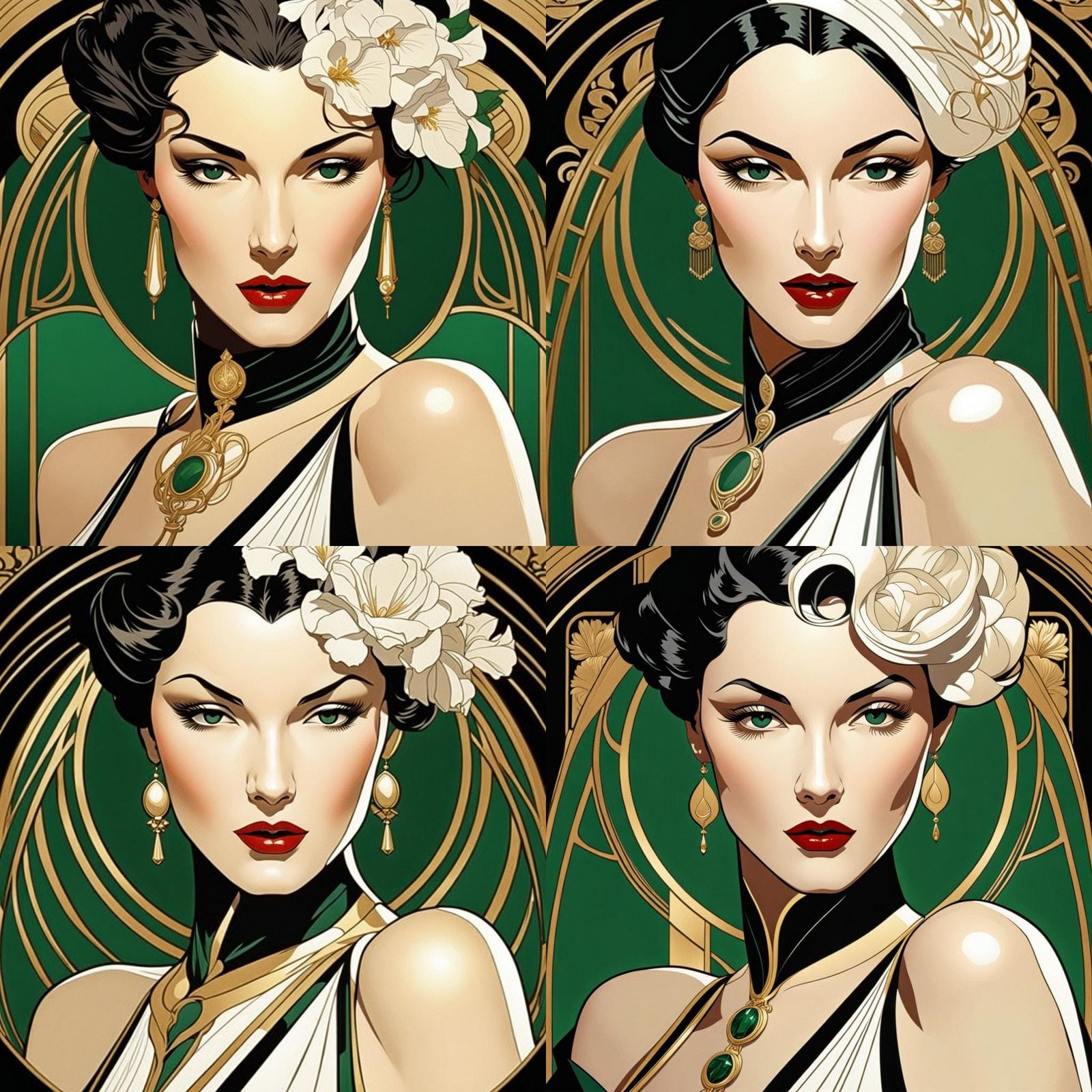 black and white long hair tumbling down cheek :: matching realistic emerald green eyes :: art nouveau dress high neck ::...